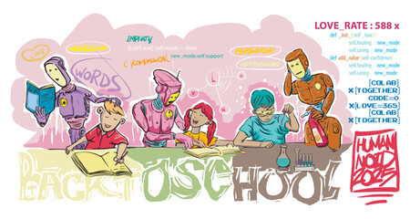 Vector illustration humanoid robot accompany children to learn about poem, doing their homework, and science experiment.