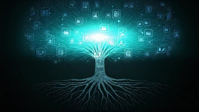 science fiction digital data tree connection network artificial intelligence concept