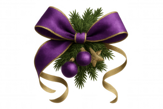 Purple christmas bow with gold ribbon, festive ornaments, and pine needles on transparent background