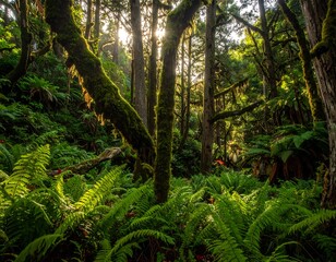 Obraz premium Lush forest floor bathed in sunlight