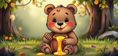 Adorable cartoon bear, sitting, smiling, holding honey pot,  graphic,  art