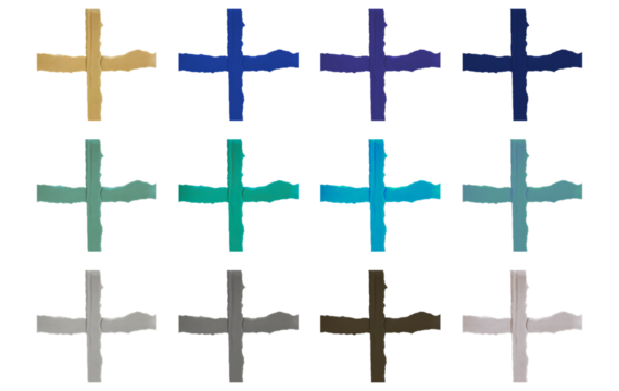 Set of Twelve Abstract Plus Sign Cross Shapes in Various Colors Isolated on Transparent Background