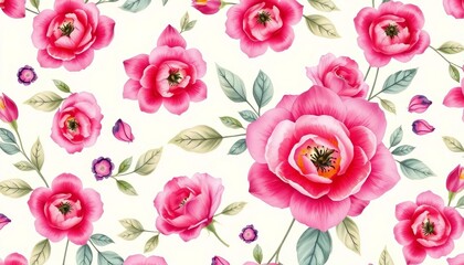 Delicate watercolor rose and leaf pattern on ivory background, rose pattern, petals