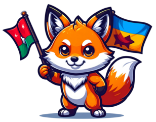 Jayu the Fox Mascot Cheering with Flags
