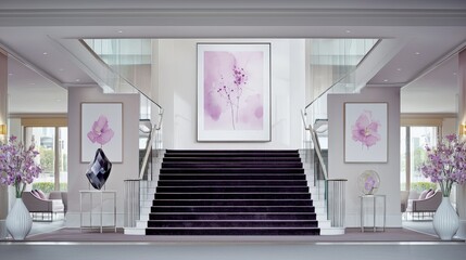 Visually striking Product photography, commercial poster of luxury home interior dark, grand staircase with glass railings, ambient backlighting, and modern art sculpture, symmetrical composition