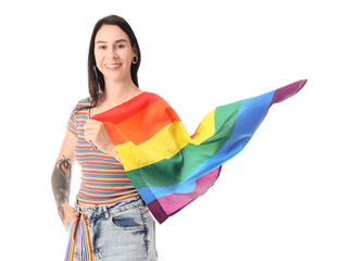 Tattooed young woman with LGBT flag on white background