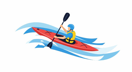 Dynamic kayaker paddles through vibrant blue water creating splashes and motion, capturing the thrill of water sports adventure.