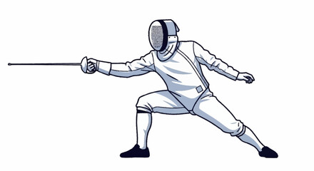 Dynamic fencer in protective gear lunges forward with rapier, showcasing focus and athletic prowess in intense competition.