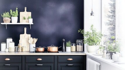 Moody modern kitchen with matte black cabinetry, copper cookware, and under-cabinet lighting, balanced layout with right-side text area, style advertising