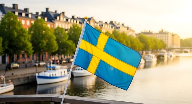 Swedish flag waving near waterfront with boats and buildings in background, symbolizing Sweden culture, national pride, travel, heritage, and Scandinavian identity