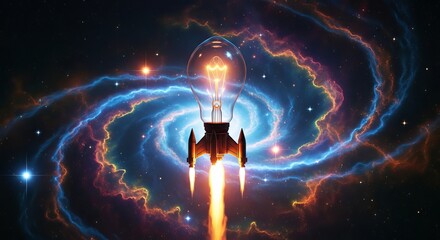 A rocket ship with a light bulb as the cockpit flies through a colorful galaxy in outer space