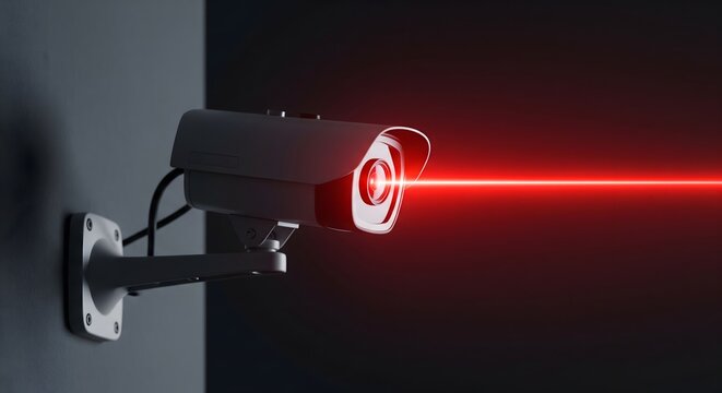 CCTV security camera with red laser beam scanning in dark environment, symbolizing surveillance, monitoring, protection, technology, and advanced security systems - Powered by Adobe
