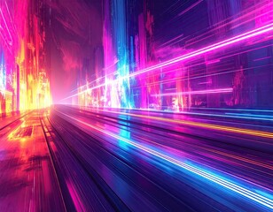 Abstract Neon Illuminated Cityscape with Blurred Motion Trails Visualizing Futuristic Urban Energy and Dynamic Nightlife in Dense Metropolitan Area