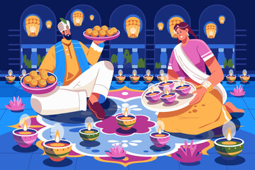 Vector illustration of an Indian man and woman celebrating Diwali festival. The man is holding a tray of traditional Indian sweets, while the woman carries a plate of lit oil lamps (diyas)