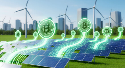 Obraz premium Green Bitcoin Cryptocurrency Powered by Solar and Wind Energy