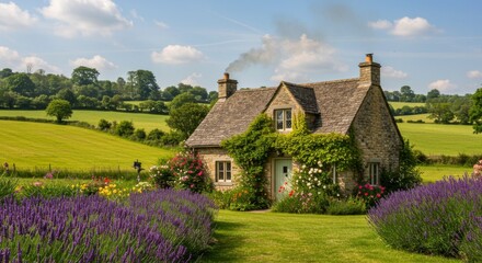 Fototapeta premium Cotswold cottage with lavender and flower garden in summer