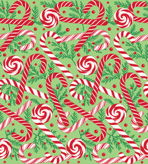 Seamless Christmas Candy Cane With Fir Leaves On Green Background