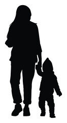 Vector silhouette of mother walking with small child, parent and toddler holding hands, family relationship illustration for childcare, parenting, and lifestyle themes