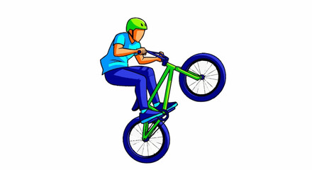 Obraz premium Dynamic cyclist performs thrilling wheelie stunt on vibrant BMX bike, showcasing extreme sports action and athletic skill with energetic motion.