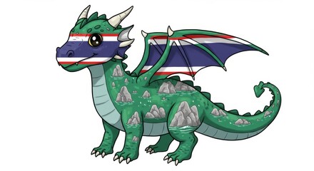 Obraz premium Cute cartoon dragon with thailand flag and island body