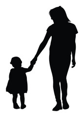 Vector silhouette of mother walking with little daughter, parent and child holding hands, family relationship flat design for motherhood, childcare, and social themes