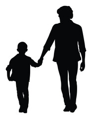 Flat vector silhouette of father holding son’s hand, parent and child walking together, family relationship design for parenting, education, and lifestyle themes