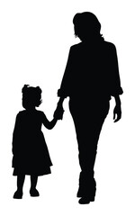 Flat vector silhouette of mother holding daughter’s hand, parent and child walking together illustration for family, parenting, motherhood, childcare and education themes