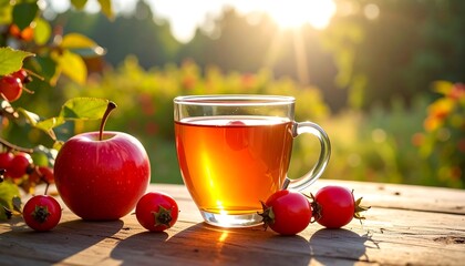 Healthy drink, autumn fruits, sunny day