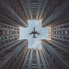 Photograph of a plane flying between skyscrapers, shot from below, in the style of unsplash photography.