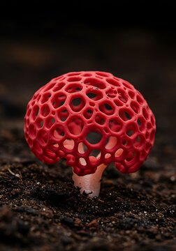 Unique red clathrus archeri mushroom in nature with intricate lattice structure