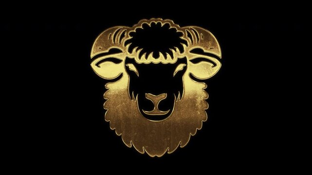 Sheep face with slightly reflected outlines on a gold foil-like surface, loop, alpha channel

