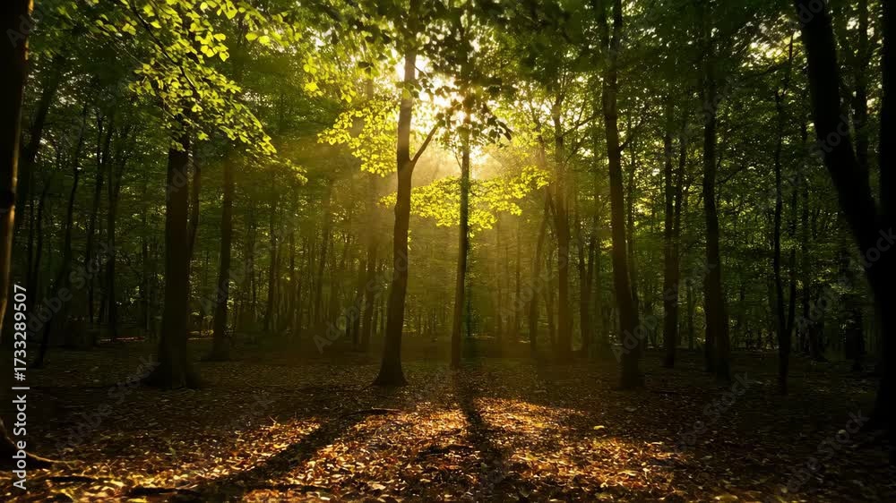 Poster sunlight filtering through a dense forest canopy, creating moving light and shadow patterns in a pea