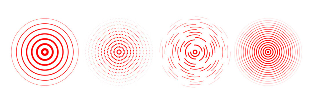 Red radial concentric circle set. Sound wave signal collection. Halftone, dashed and dotted rings for epicenter, target, radar, earthquake shockwave symbols. Vector ripple expansive vibration elements