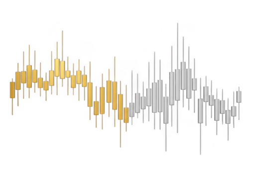 Abstract financial candlestick chart with gold and silver bars on a dark background isolated on transparent background
