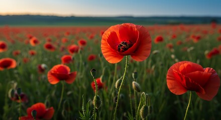 Fototapeta premium Vibrant field of red poppies at dawn evoking tranquility and natural beauty