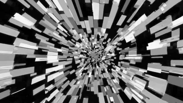 Monochromatic rectangular blocks accelerate through an endless tunnel in a dramatic black-and-white design, ideal for intense transitions, data flow visuals, cyberpunk aesthetics, or abstract speed ef