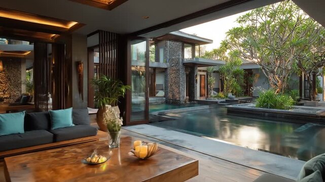 Luxury interior design with wooden furniture and pool view