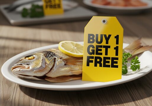 Buy one get one free seafood offer concept, fresh fish served on white plate with lemon slice and parsley, promotional discount tag for restaurant or food market special deal advertising.