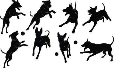 Dog silhouette, jumping, running, playing, ball, pet, animal, black shape, cad drawing, flat vector, motion, energetic, playful, icon