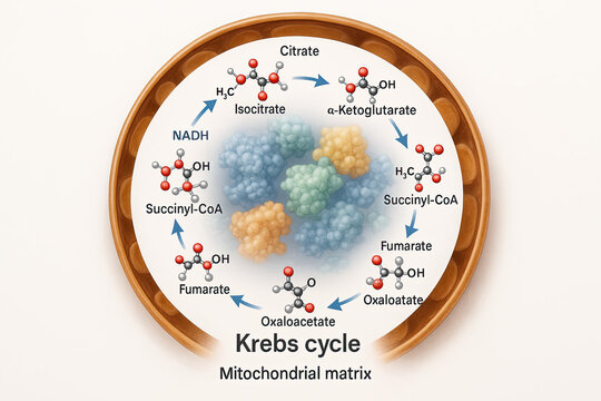 Illustration of the Krebs cycle, also known as the citric acid cycle, illustrating the biochemical reactions and molecules involved in cellular respiration within the mitochondrial matrix.
