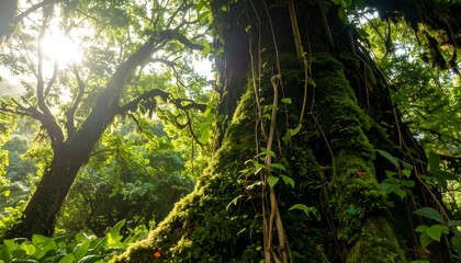 Obraz premium lush rainforest canopy sunlight.