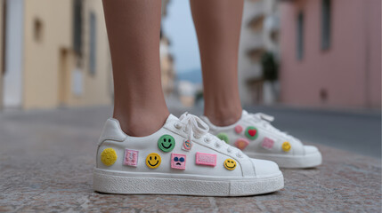 Bright white sneakers adorned with colorful emoji patches stand on a cobblestone street, showcasing playful and youthful vibes in a charming urban setting