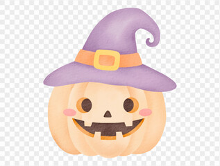 Watercolor halloween pumpkin with purple witch hat cute festive Vector.