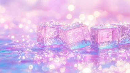 Shimmering ice cubes melt in a sparkly, pastel dreamscape