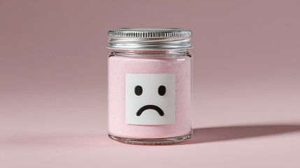 A minimalistic cosmetic jar filled with pink substance features a black emoji-style sad face sticker on its front against a soft pink background