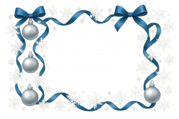 Christmas frame with blue ribbon, silver baubles, and white snowflakes celebrating winter holidays, transparent background