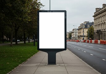 Blank Digital Billboard on Urban Sidewalk with Parisian Architecture and Autumn Foliage