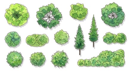 Watercolor illustration of various green trees and bushes for landscape design top view.