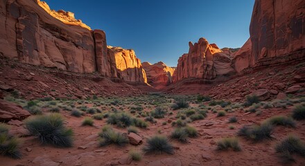 Dramatic canyon landscape with red rock formations under a clear blue sky