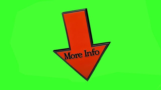 A large red 3D arrow featuring the black text "More Info" points downward against a solid chroma key background. This high-contrast animated call-to-action button is optimized for website overlays, vi